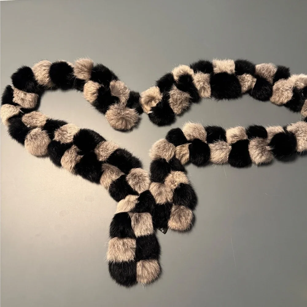 Vintage Y2K Cygnet Genuine Rabbit Fur Pom Pom Scarf Black Brown Tan Wrap
